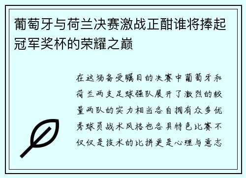 葡萄牙与荷兰决赛激战正酣谁将捧起冠军奖杯的荣耀之巅